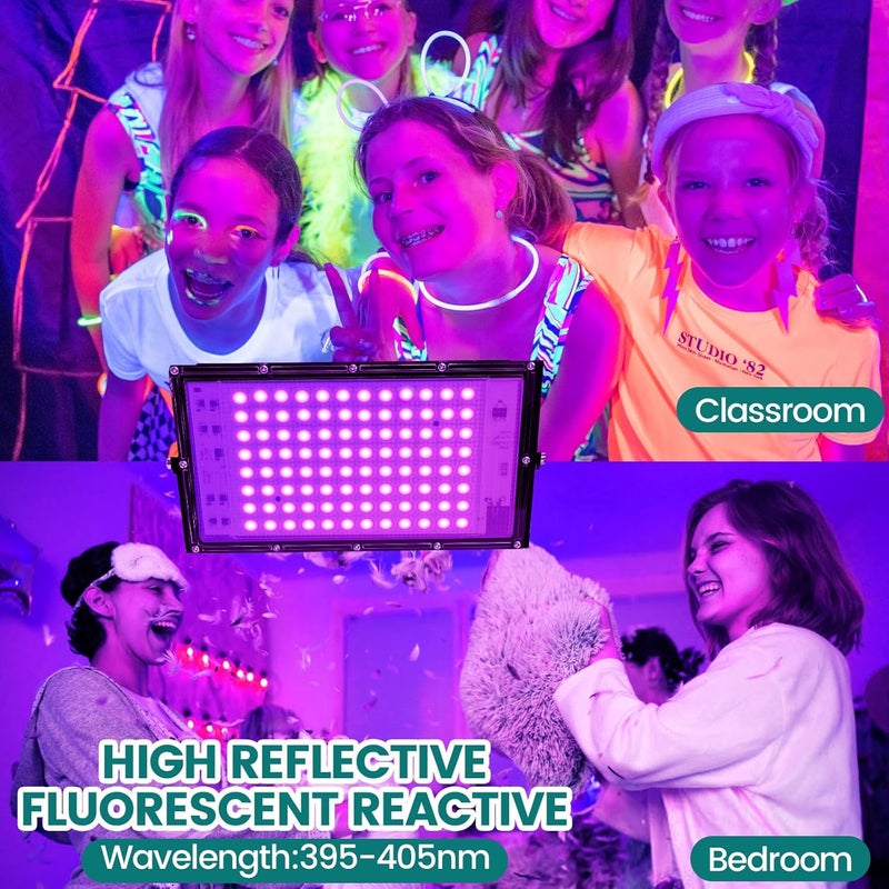 iCreating 100W Black Lights for Glow Party - Indoor Large High Power Black Light Flood Light 395nm UV Blacklight Floodlight Purple BlackLights Spotlight Fluorescent UV Lights for Halloween (4 Pack) - Image 3